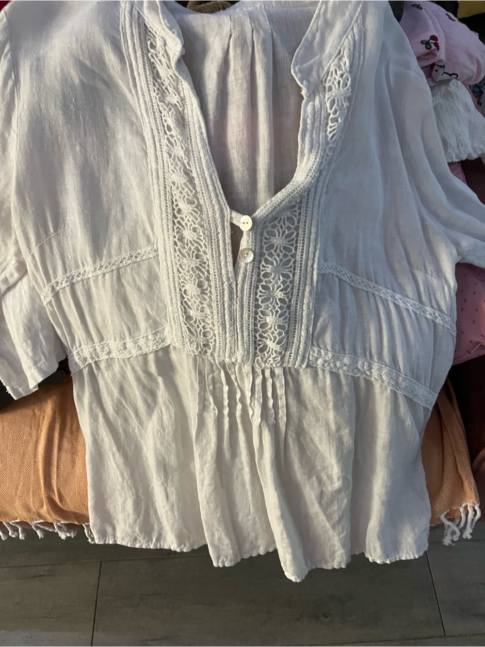 Women's White Boho Lace Trim Peasant Top